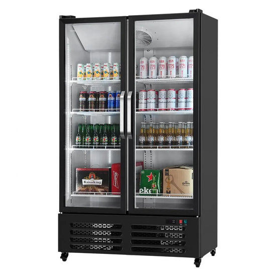 VEVOR 26.69 cu. ft. Double-Door Beverage Display Refrigerator with 8 Adjustable Shelves, LED Lighting, and Casters – Commercial Cooler, Black Finish